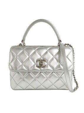 Chanel Top Handle Flap Bag Quilted Silver Lambskin